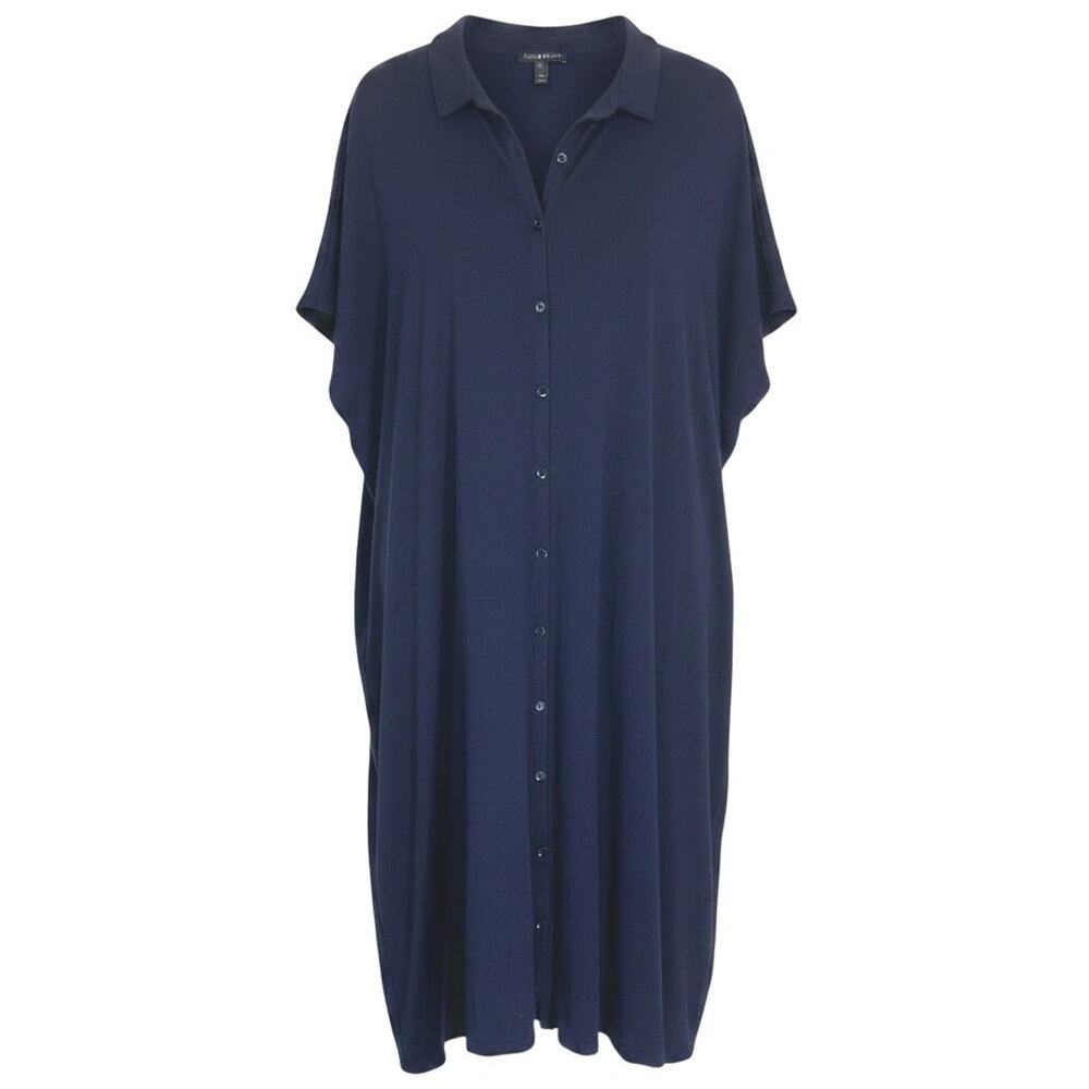 Eileen Fisher Sz XL Blue Knit Button Front Shirt Dress Stretch Quiet Luxury - Picture 2 of 5